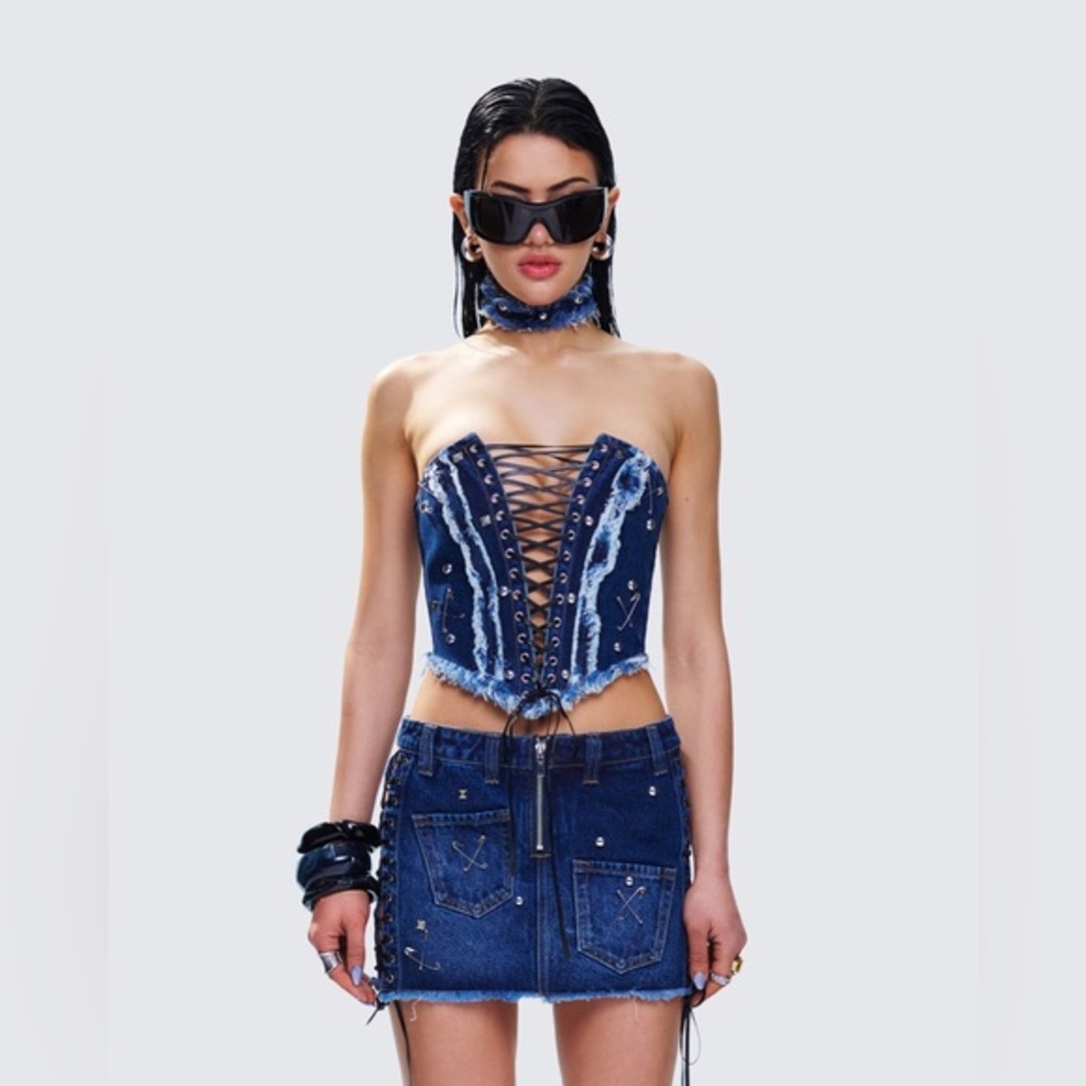 Finesse Maja Blue Denim Lace Up Corset Top M CM12 NWT